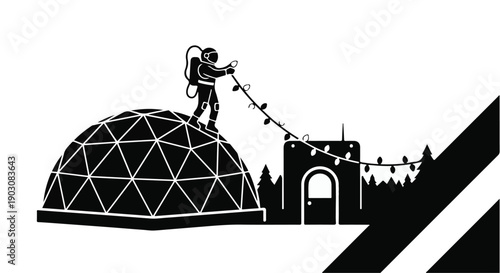 Astronaut decorates futuristic dome with festive lights in an alien landscape