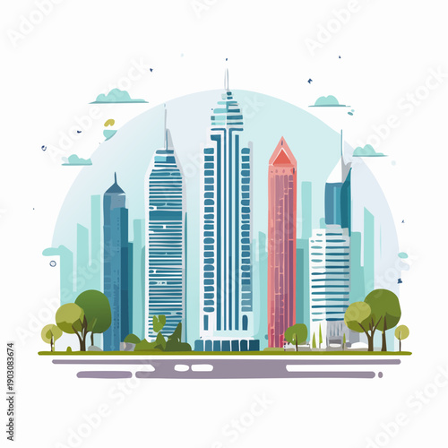 Contemporary Cityscape Illustration Featuring Skyscrapers and Dynamic Urban Architecture with Greenery