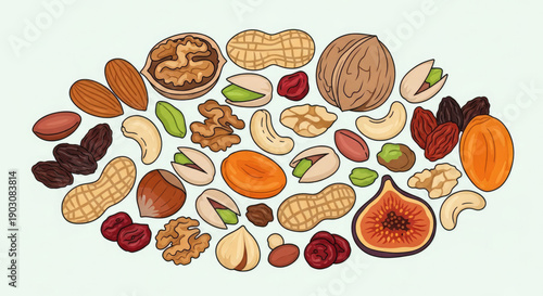 A colorful vector illustration of various nuts and dried fruits arranged in a circular pattern