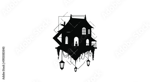 Mysterious silhouette of a haunted house floating against a white background with geometric accents