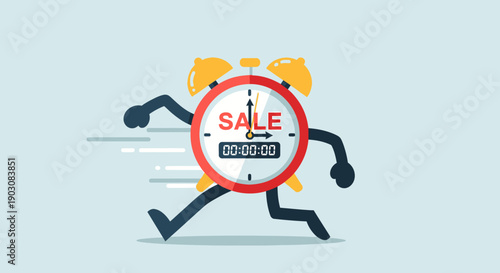 Dynamic illustration of a running alarm clock symbolizing a limited-time sale event and expiring