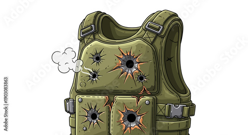 A damaged cartoon bulletproof vest illustration with multiple bullet holes and smoke after intense
