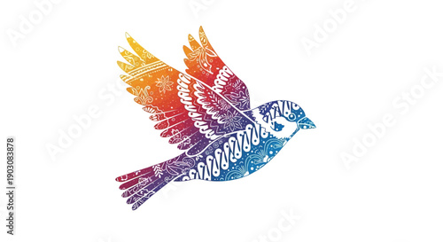 Stylized flying bird artwork with colorful ornamental patterns and gradient hues