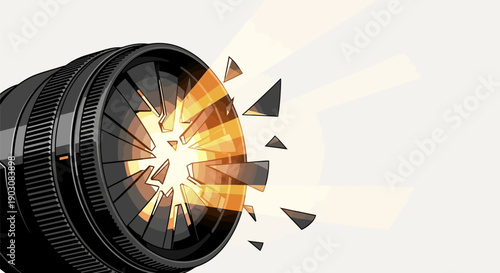 Camera lens exploding with shattered glass and bright light on white background destruction concept