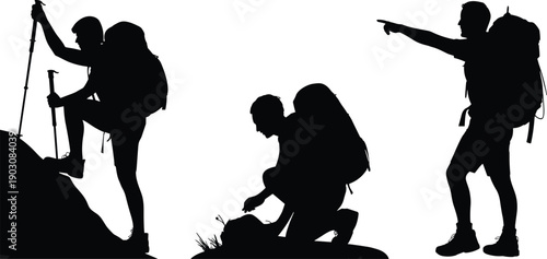 Silhouettes of hikers with backpacks and trekking poles navigating challenging terrain and exploring the wilderness