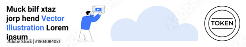Person working on laptop near cloud graphic and token icon, symbolizing data upload, cloud computing, and security. Ideal for tech, IT, cloud service, cybersecurity themes, minimal simple landing