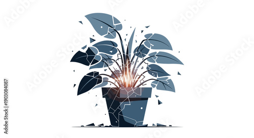 Shattered plant pot with exploding leaves on white background destruction and chaos concept