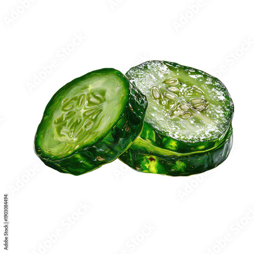 Two cucumber slices, green and fresh, stacked unevenly on a black background