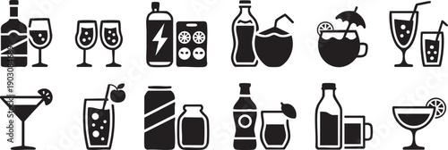 Collection of Twelve White Drink Icons with Transparent Background beverage symbols white icons