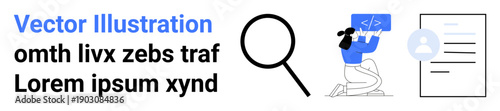 Online search, coding, user profiles, web identity, information organization, document management. Magnifying glass, developer coding user profile icon with document. Coding and user profiles