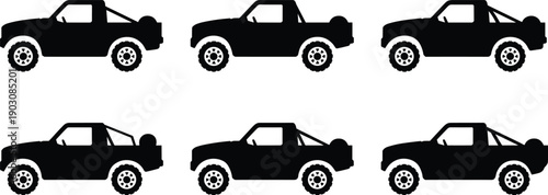 Six identical black silhouette of a compact pickup truck with a roll bar and spare tire on a white background