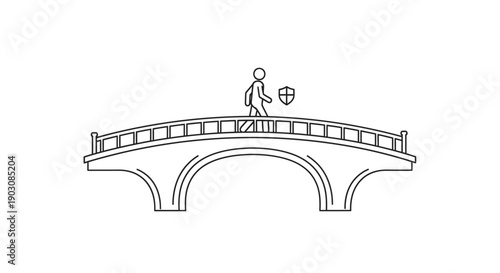 This line illustration shows a pedestrian walking across a bridge, representing connectivity, travel, and urban infrastructure. The image symbolizes movement, accessibility, and the link between diffe