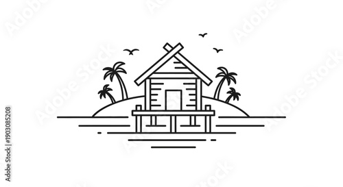 This illustration presents a simple house surrounded by palm trees, symbolizing tropical living, vacation homes, and relaxed lifestyle environments. The image represents residential property, real est
