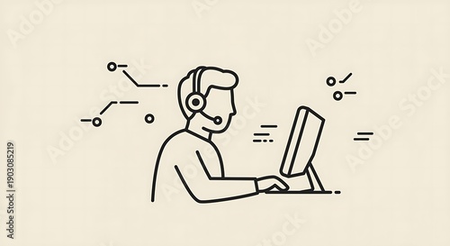 Customer Service Representative Line Art Icon Working at Computer