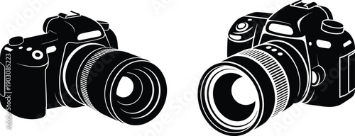 Striking black and white of two modern DSLR cameras with prominent lenses shown in isometric view emphasizing their technical and creative capabilities for