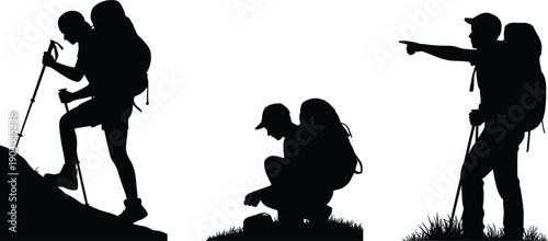 Silhouettes of hikers with backpacks and trekking poles navigating challenging terrain and exploring the wilderness