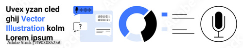 Communication, digital transformation, data analysis, voice recognition, visual design, technology solutions. Speech bubble, pie chart and microphone icons. Communication and digital transformation