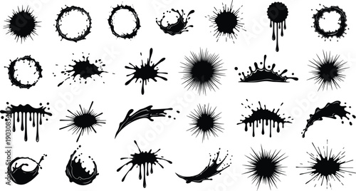 Set of black ink splashes and paint splatter vector elements with dripping texture and spray effects isolated on white background for grunge design.