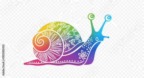 Vibrant Rainbow Snail Illustration with Intricate Mandala Patterns on a Transparent Background