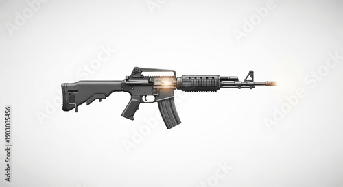 Close-up of a modern assault rifle with a glowing effect on a clean white background, symbolizing