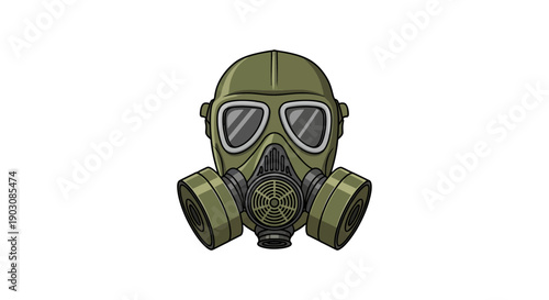 Green Military Gas Mask Illustration for Hazardous Environment Protection and Safety Equipment