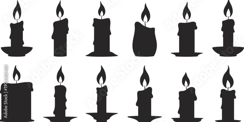 Candle silhouettes set featuring burning wax candles with flames in different shapes isolated on white background for decorative design use