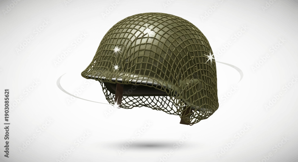 Fototapeta premium Classic military helmet with net cover representing historical army gear on white background