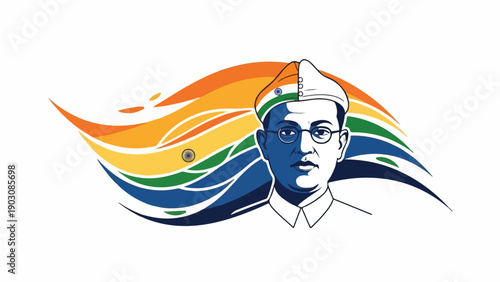 Illustration of a man's head with a cap and a colorful flowing design in the background, symbolizing Indian culture and freedom.