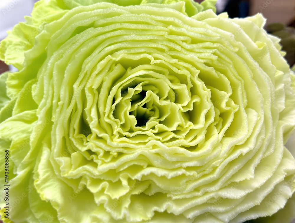 Fototapeta premium Close-up view of a vibrant green flower with intricate petals, showcasing its delicate texture and natural beauty