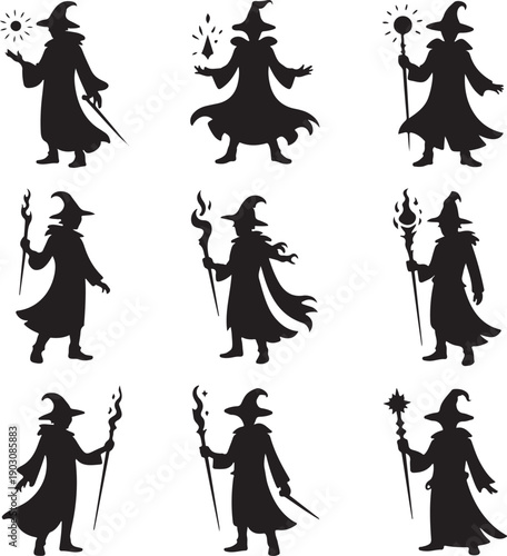 set of black silhouettes of wizards in various magical poses