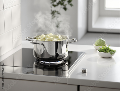 A steaming stainless steel pot on an induction cooktop in a modern kitchen with fresh herbs nearby, viewed from the side.