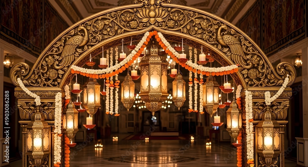 Obraz premium Ornate Indian Wedding Archway with Lanterns and Floral Decorations in a Grand Hall