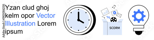 Time management, training systems, online education, learning content, productivity, innovation. Clock, SCORM file lightbulb with gear. Time management and training systems concept