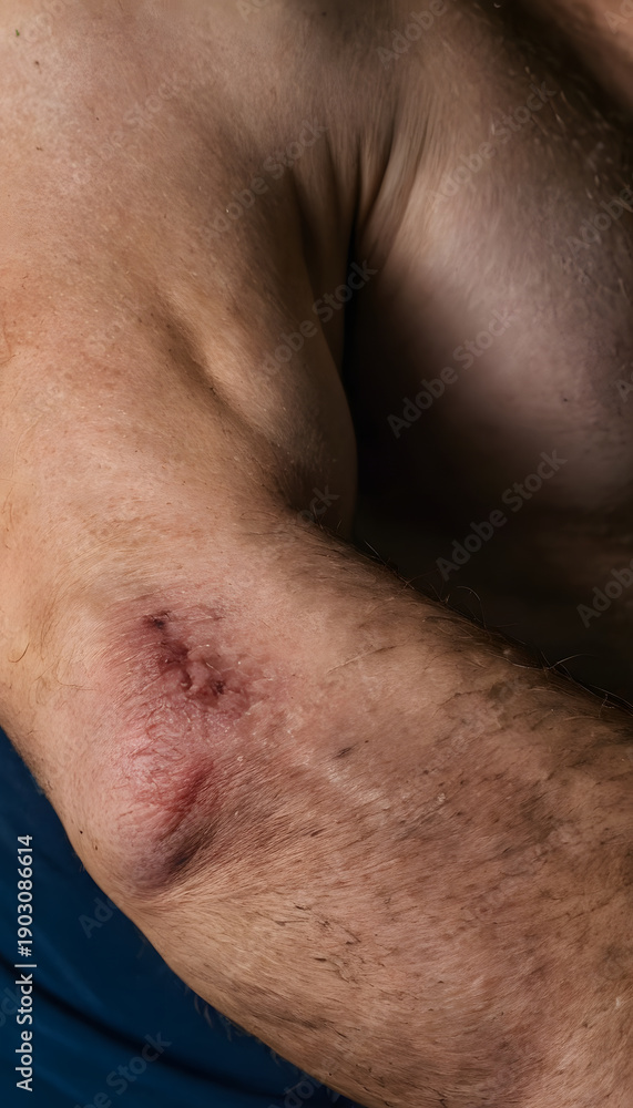 Naklejka premium Person recovering from elbow injury with wound healing