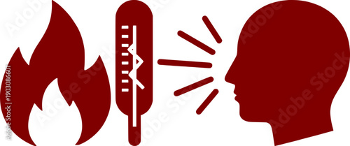 High fever and heatstroke symptoms icon set. Vector illustration of fire flame, medical thermometer and human head with headache or high temperature isolated on white background.