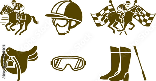 Horse racing and equestrian sport icons set. Vector illustrations of jockey riding horse, helmet, saddle, goggles, riding boots and whip isolated on white background.