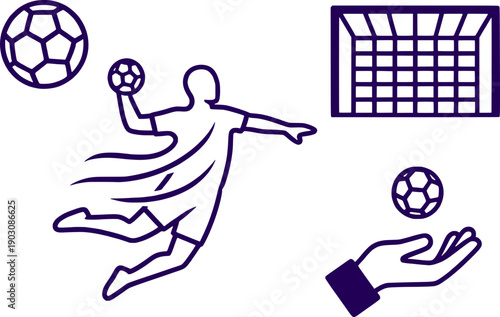 Handball player jumping to throw the ball. Vector illustration set of handball athlete, goal net, ball and hand icon isolated on white background.