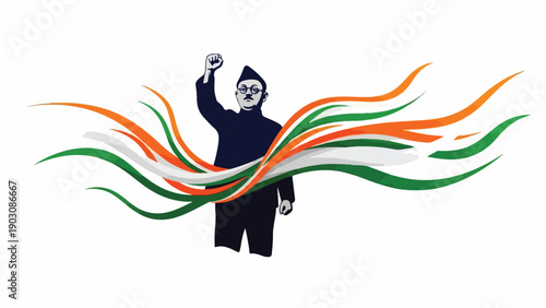 A man in a blue outfit holds his fist up with colorful flowing ribbons in orange, white, and green hues against a plain white background.