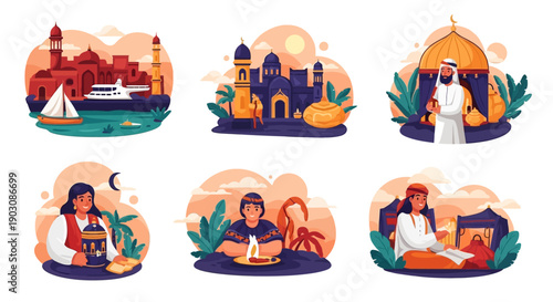 Vibrant Ramadan illustrations with mosque, people, and traditional elements