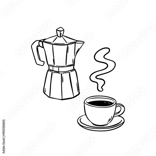 Moka pot and cup of hot coffee with steam. Vector illustration in quick sketch line art style, hand drawn ink drawing. Ideal for cafe branding, menus, packaging, posters and lifestyle design.