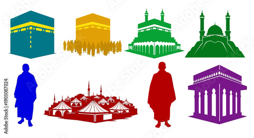 Vibrant Islamic architecture icons with people in traditional attire