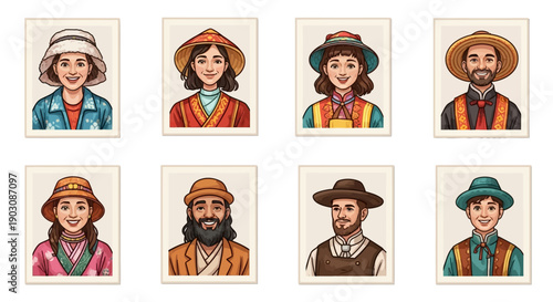 Diverse group of smiling people in traditional and casual clothing