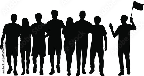 A gathering of nine people in silhouette, with one individual holding a flag and waving to the group