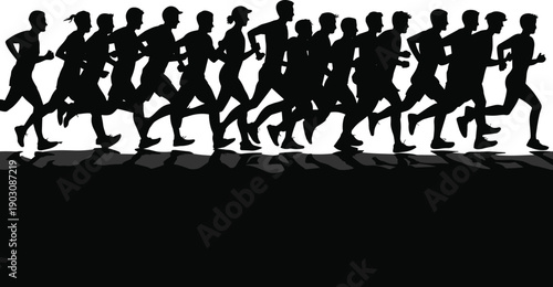 A dynamic silhouette of a group of men and women running in a race or marathon people