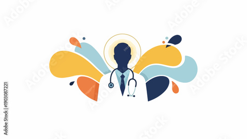 A stylized logo featuring a silhouette of a doctor wearing a stethoscope, surrounded by colorful abstract shapes in shades of yellow, blue, and orange on a white background.