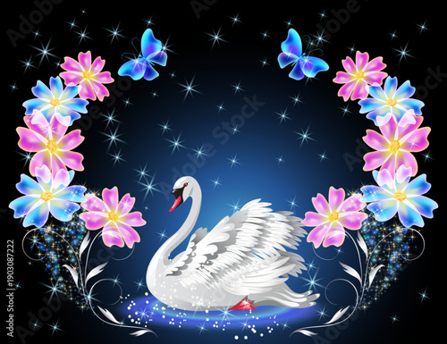 Fairytale night sky with flowers frame and magical blue butterflies and floral ornament and stars. Fantasy sparkle background.