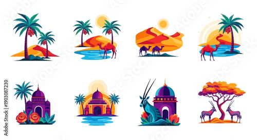 Vibrant desert landscapes with palm trees and exotic wildlife