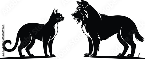 Dog and cat silhouette illustration, domestic pet friendship concept, black animal contour artwork, cute companion symbol, vector wildlife design