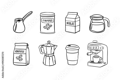Coffee elements set with cezve, coffee jar, milk carton, coffee carafe, moka pot and brewing tools. Vector illustration in quick sketch line art style, hand drawn doodle ink clipart for cafe branding.