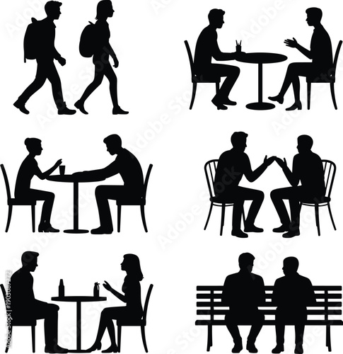 Collection of black silhouette depicting various social interactions and activities among people activity